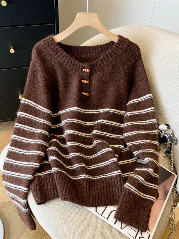 Retro Japanse Sle Lazy Stripe Kleur Blo ronde Ne Gebreide Trui Dames plus Maat f Open Kraag Comfortabel Adem...