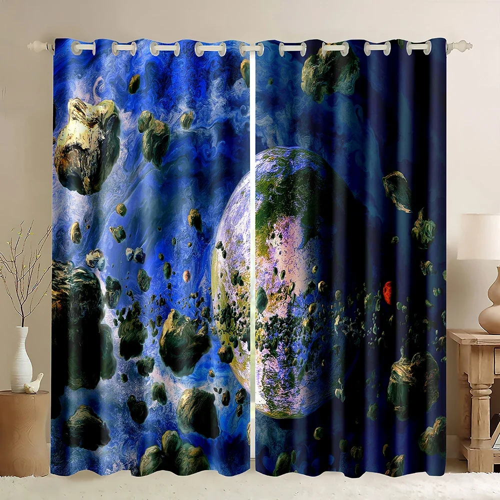 Solar System Window Curtains,Planet Solar System Sun Meteorite Stars Solar System Planets Print Blackout Curtains for Bedroom