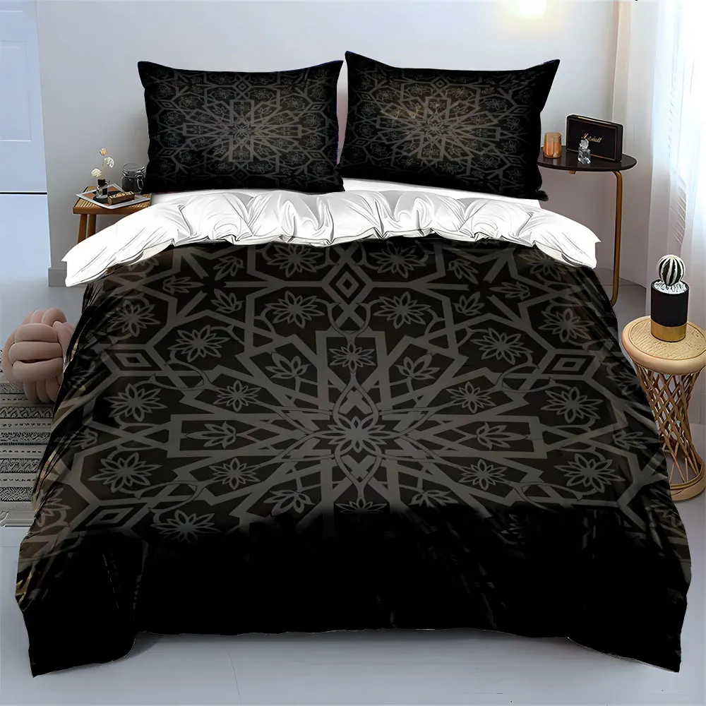 3Pcs Arabic Floral Pattern Bedding Set, Symmetrical Black and Grey Geometric Art Print Duvet Cover, Ethnic Style