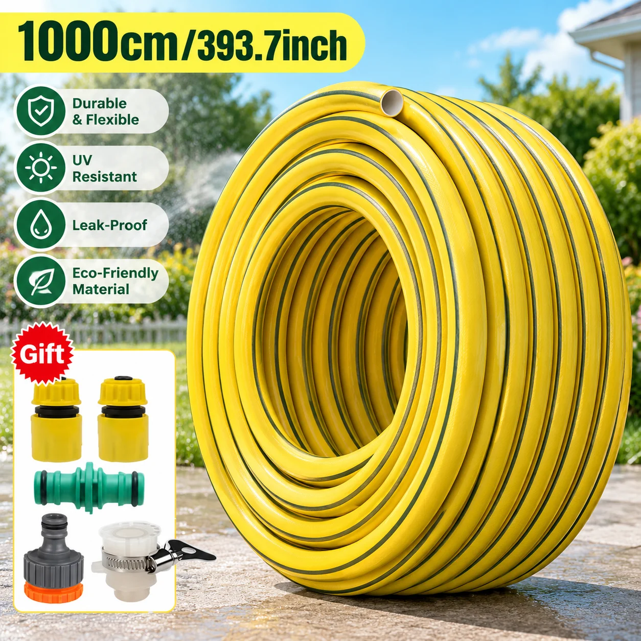 Garden Water Hose 10m 33ft Flexible Durable UV Resistant Leak-Proof Eco-Friendly Watering Hose with Connectors for Car Wash