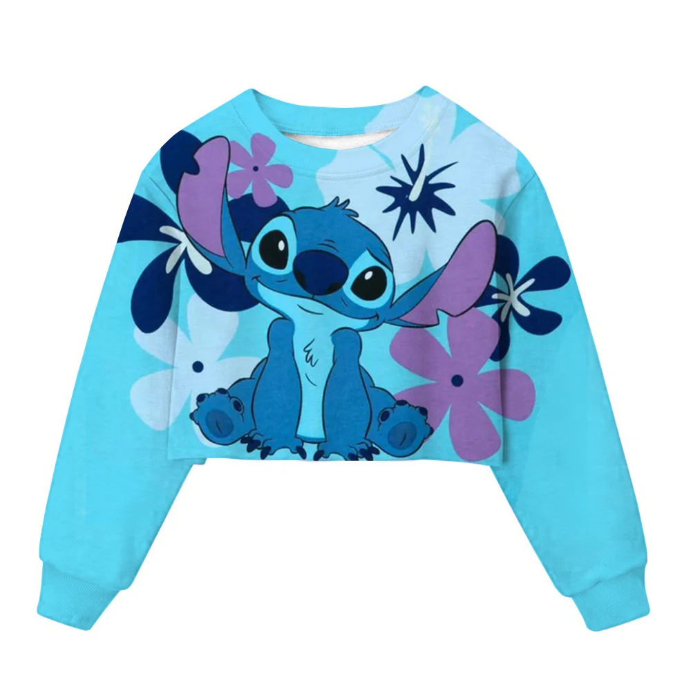 Stitch Kids Crop Sweatshirts Trendy Tie-dye Angel Girl Long Sleeves Pullover Tops Autumn Winter Cartoon Child Clothes Birthday