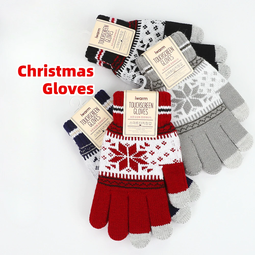 2024 Christmas Winter Gloves Snowflake Korean Style Warm Touch Screen Gloves Christmas and Winter Velvet Jacquard Knitted Gloves