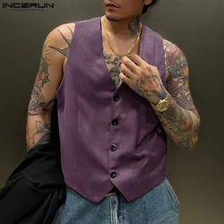 2024 Men Vests Solid Color V Neck Sleeveless Button Fashion Casual Male Waistcoats Streetwear Leisure Vests Men S-5XL INCERUN