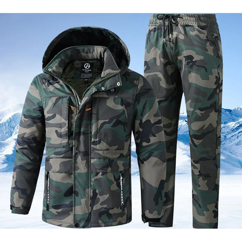 

Winter Men Mountain Ski Thermal Sets Waterproof Workwear Suit Man Tactical Jackets + Pants 2 Pieces Fleece Warm Windbreaker Sets
