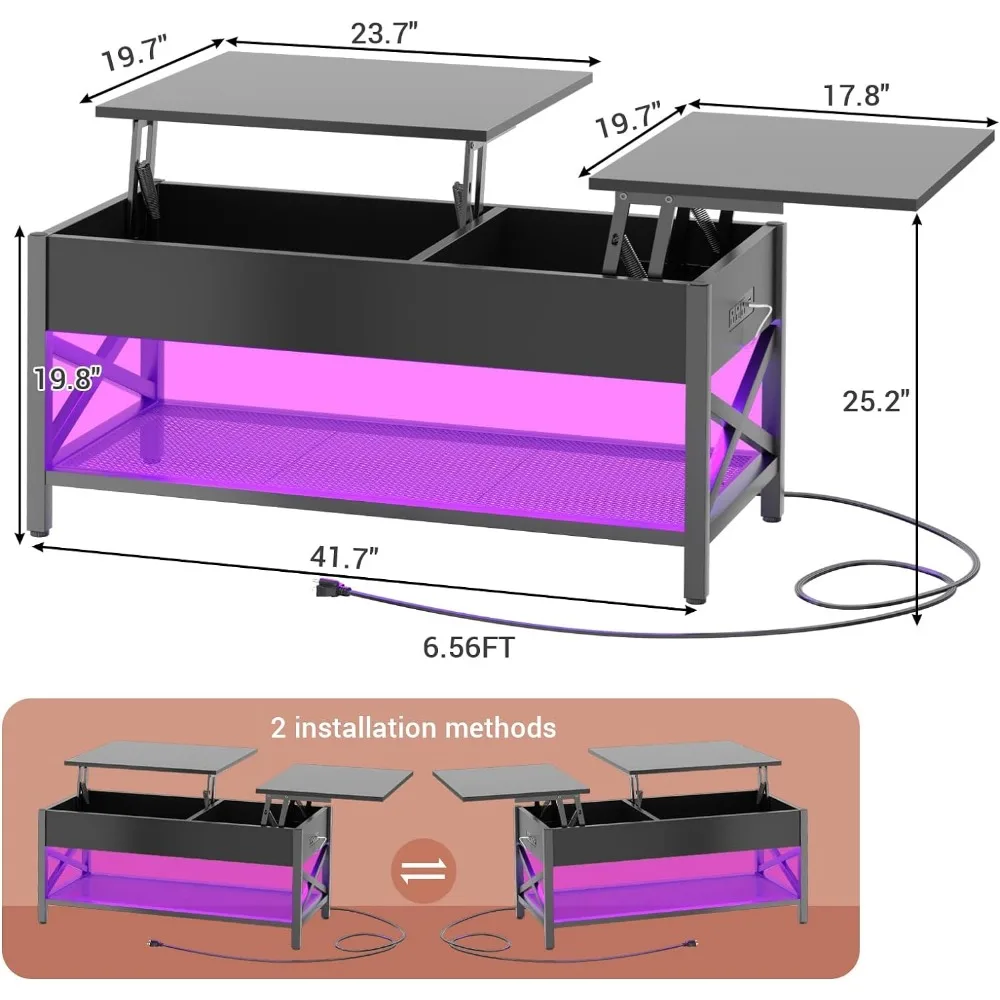 Table basse à plateau élévateur avec rangement, lumière LED, prise de courant et Hiddepartmom, X Sod Brittop, cadre en métal, noir