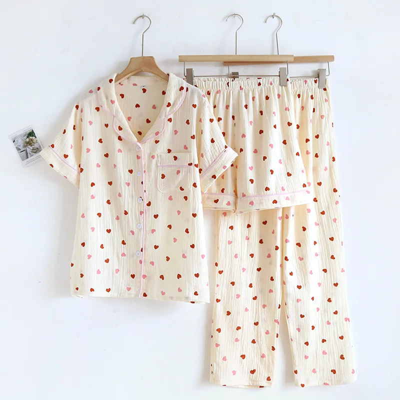 2024 New Summer Pajama Set 100% Cotton Crepe Love Short Sleeves+Shorts+Pants Three Piece Buckle Cute Home Fury Ladies Sleepwear