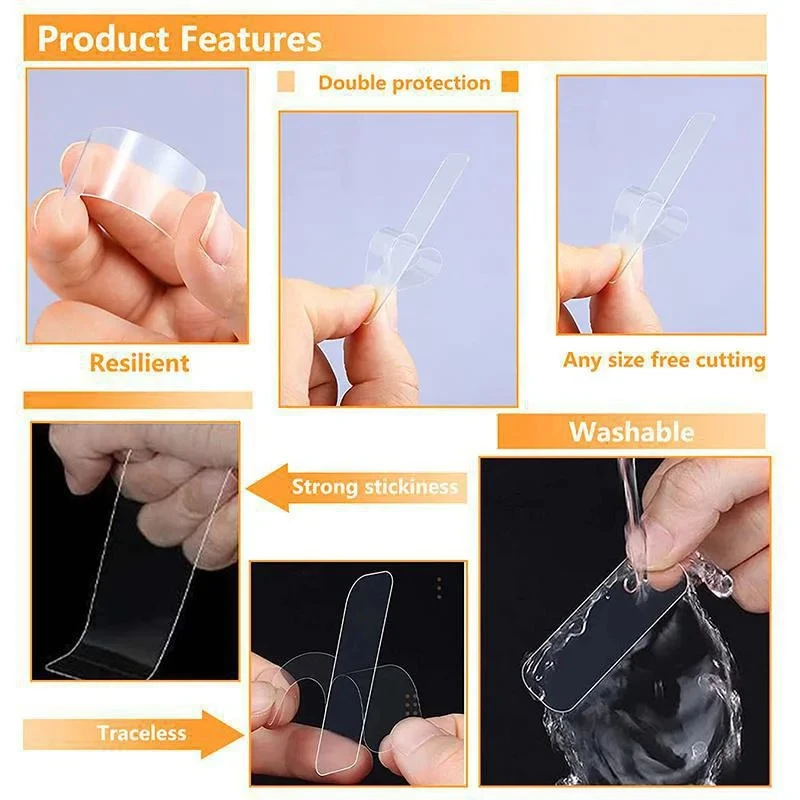 60pcs Adhesive Double Sided Nano Tape, Transparent Multifunction Traceless Removable Sticky For Paste Items, Household, Carpet