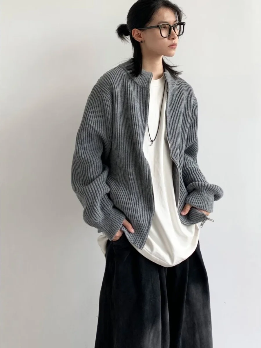 

y Knitted Open Cardigan Men's Outerwear Autumn Winter High Sensation Lazy Sle Japanese Stand Collar Zipper ...