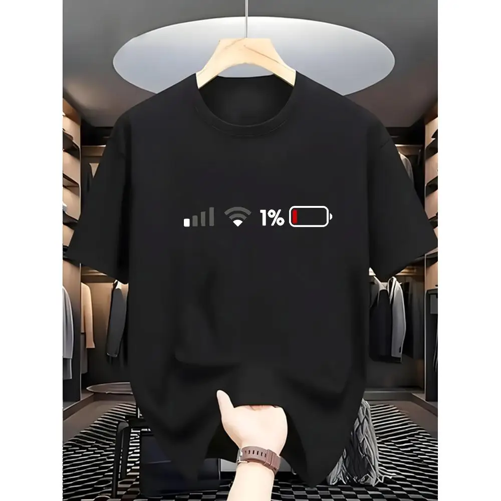 Cotton T-shirt Unisex Round Neck Short Sleeve Casual Humor Graphic 1% Battery Walking Daily Wear Gift Machine Washable Summer