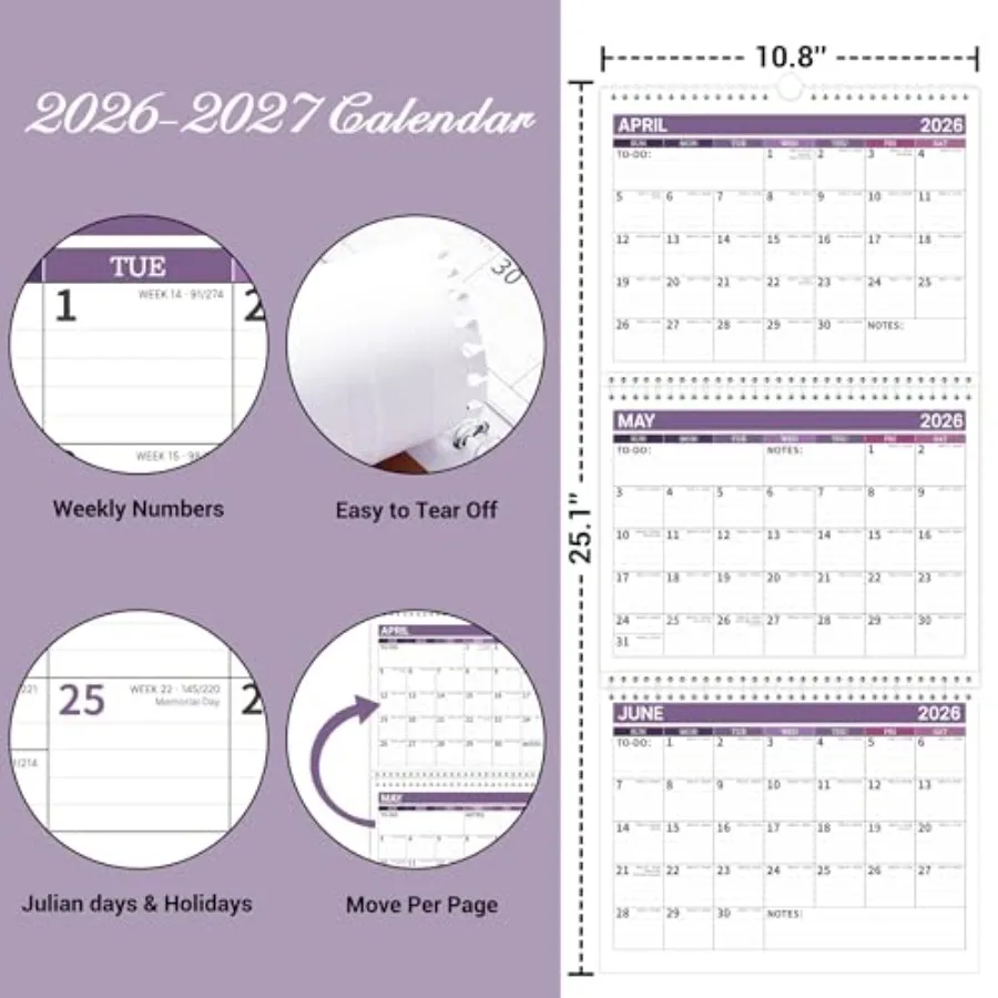 Calendario de 3 meses 20262027 20262027 Calendario de pared de enero de 2026Dec.2027 Moveae Calendario de visualización de 3 meses plegado en un mes 10,8" x