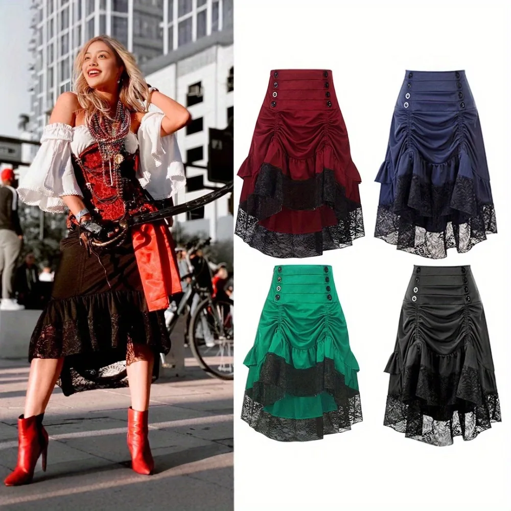 Gothic Lolita Skirt - Victorian Vintage Half Skirt for Women, Elegant High Waist Ruffled A-Line Dress with Lace Trim