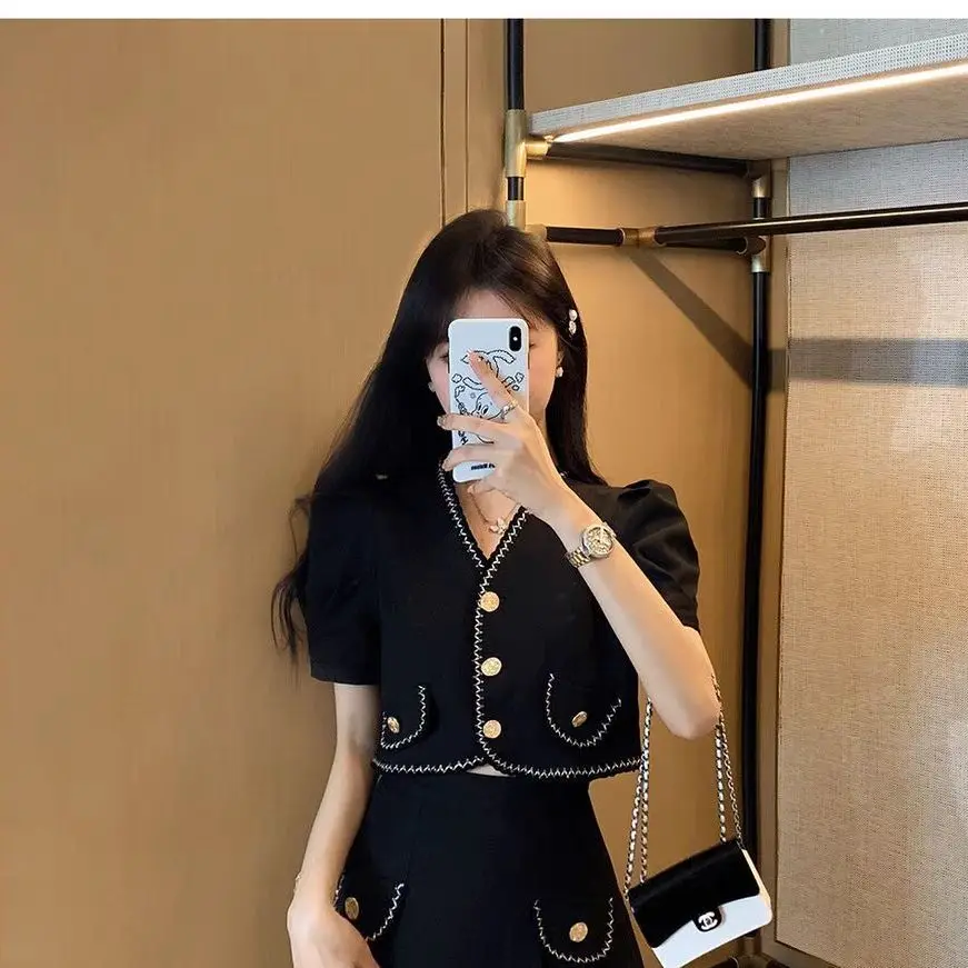 Korean Fashion Short Sleeve Coat Blazer Suit 2 Piece Outfit Women Short Crop Tops Jacket High Waist Mini Skirt Sets Office Lady