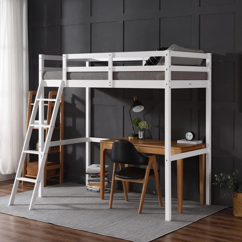 Loft Bed Twin Size, Low Loft Bed with Slide and Ladder, Solid Pine Wood Bed Frame,14" Safety Guardrail, Anti-Slip Steps