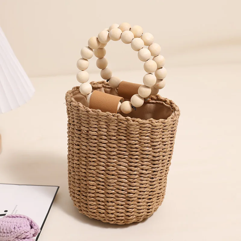 Mini Beaded Handle Bucket Bag Cute Paper Rope Handbag Travel Beach Bags for Woman Summer Woven Drawstring Straw Bag Clutch Chic