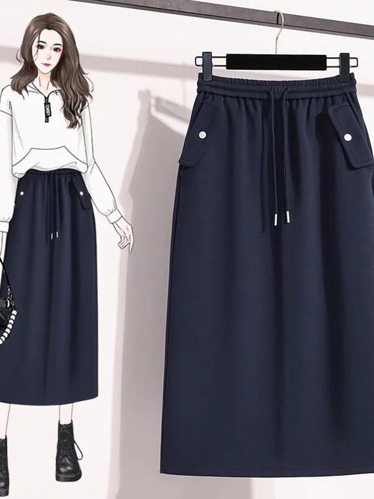 Medium-Length Air Cotton Sweatshirt Skirt Dark Blue Elastic Waist Drawstring Straight Cut plus Size Women's Commute Style