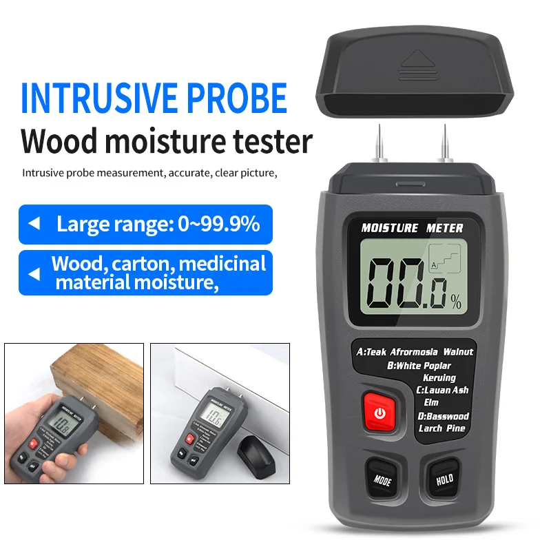 Digital Wood Moisture Meter 0-99.9% Pin-Type Timber Damp Detector LCD Hygrometer for Wood Carton Medicinal Materials