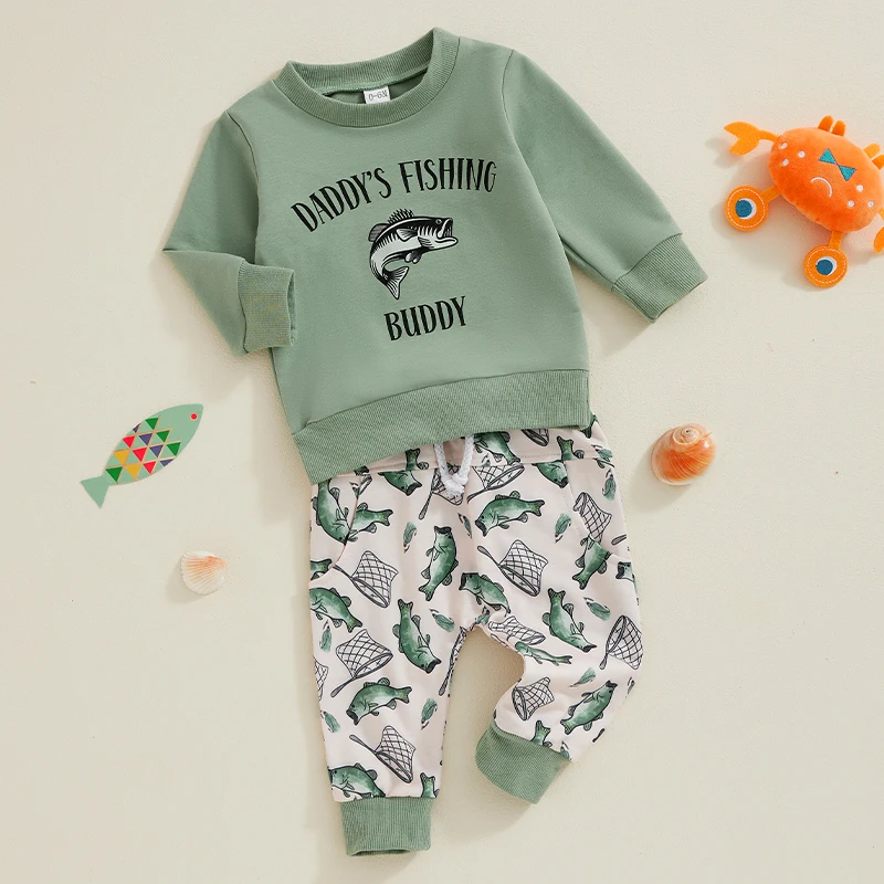 Toddler Baby Boy Fall Outfit Daddy s Fishing Buddy Letters Print Sweatshirt Fish Print Pants Set 2Pcs Hunting Outfit