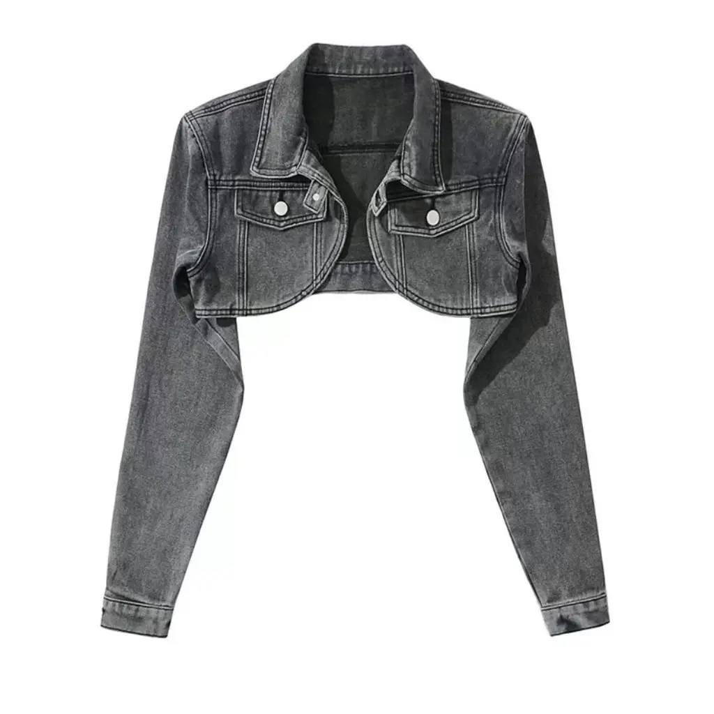 

Women's Super Short Denim Jacket Early Autumn Hot Style One Button Stacked Outer Wear Long Sleeve Shawl Top