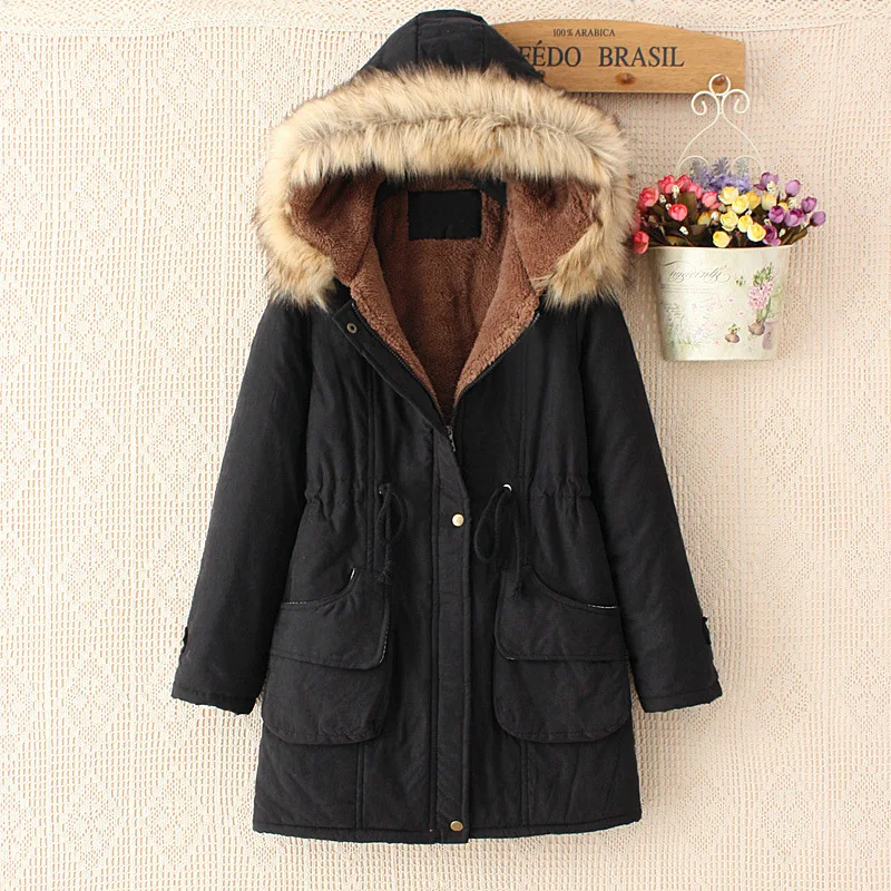 2024 Autumn Winter Plush Parkas Womens Long Warm Cotton Coat Fur Collar Hooded Jacket Female Thicken Warm Padded Overcoat Zipper