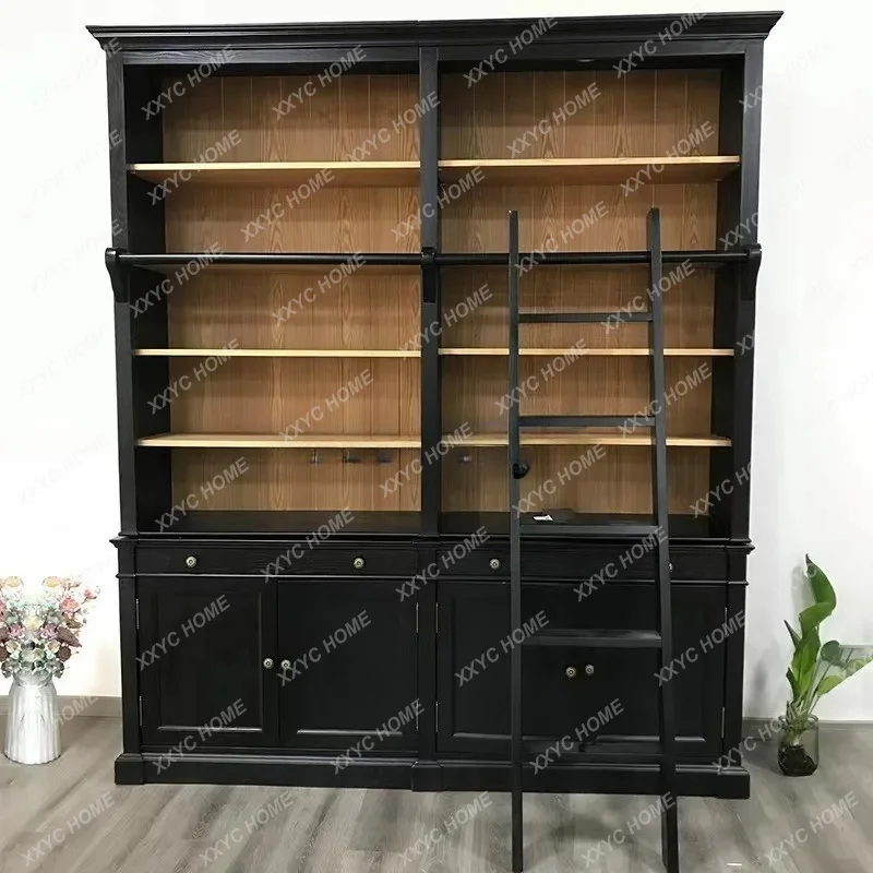 XX Style Bookcase with Ladder Combination  Style Solid Wood Storage Cabinet  Retro Bookshelf Bookcase