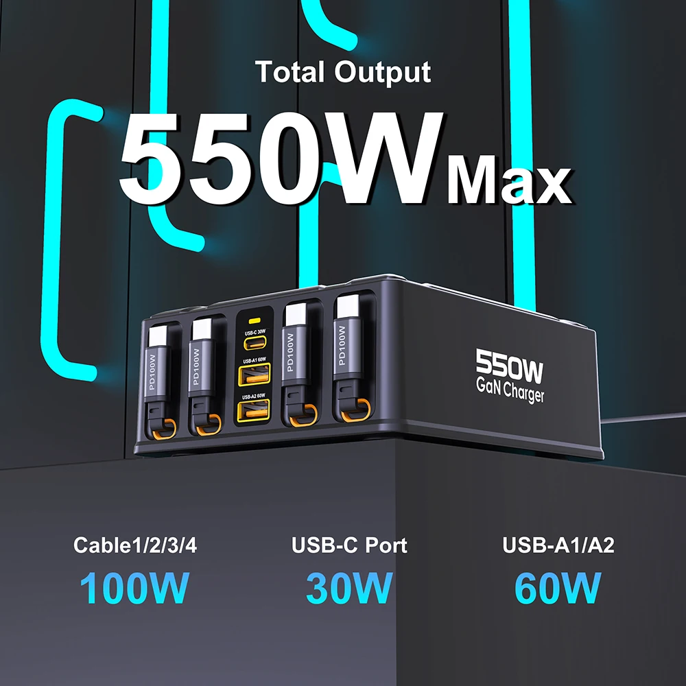 550W GaN Desktop Charger 4x100W USB C Retractable Cable PD Fast Charging Station USB-A QC3.0 for MacBook Pro Laptop iPhone iPad