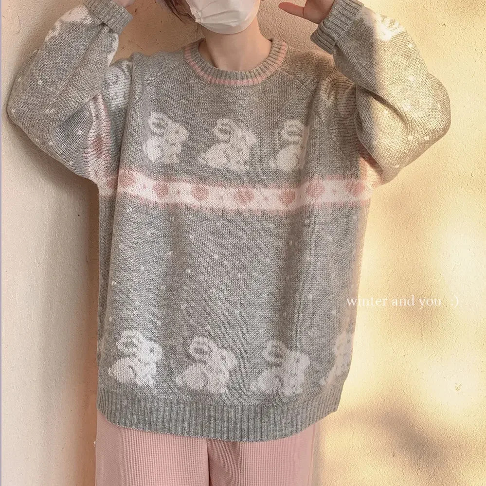 Gagarich Grey Pink Jacquard Rabbit Love Chessboard Pattern Fun Girl Insert Shoulder Sleeve Loose Knitted Hooded Sweater Top