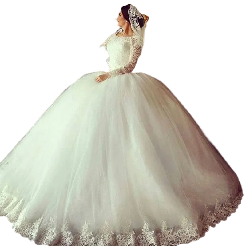 Personalizado moderno rendas apliques vestido de baile vestidos de casamento tribunal trem mangas compridas vestidos de noiva plus size