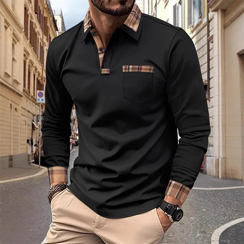 Men's stylish plaid patchwork long-sleeved polo shirt, casual slim fit, color-blocked collar, versatile for everyday wear.