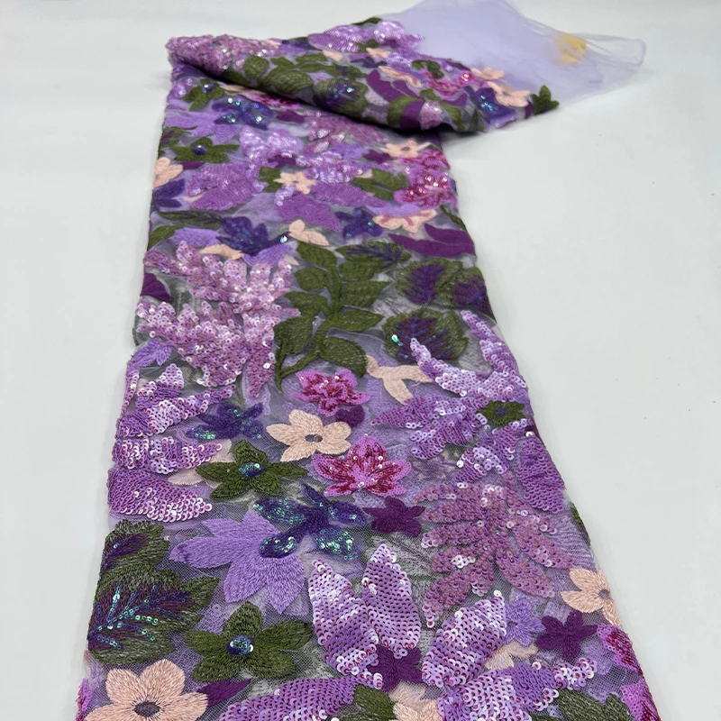 1 Yards 3D Embroidery Mesh Flower Colorful Thread Sequin Fabric Mesh African Lace Sequin Fabric For Sewing Evening Dress view 3