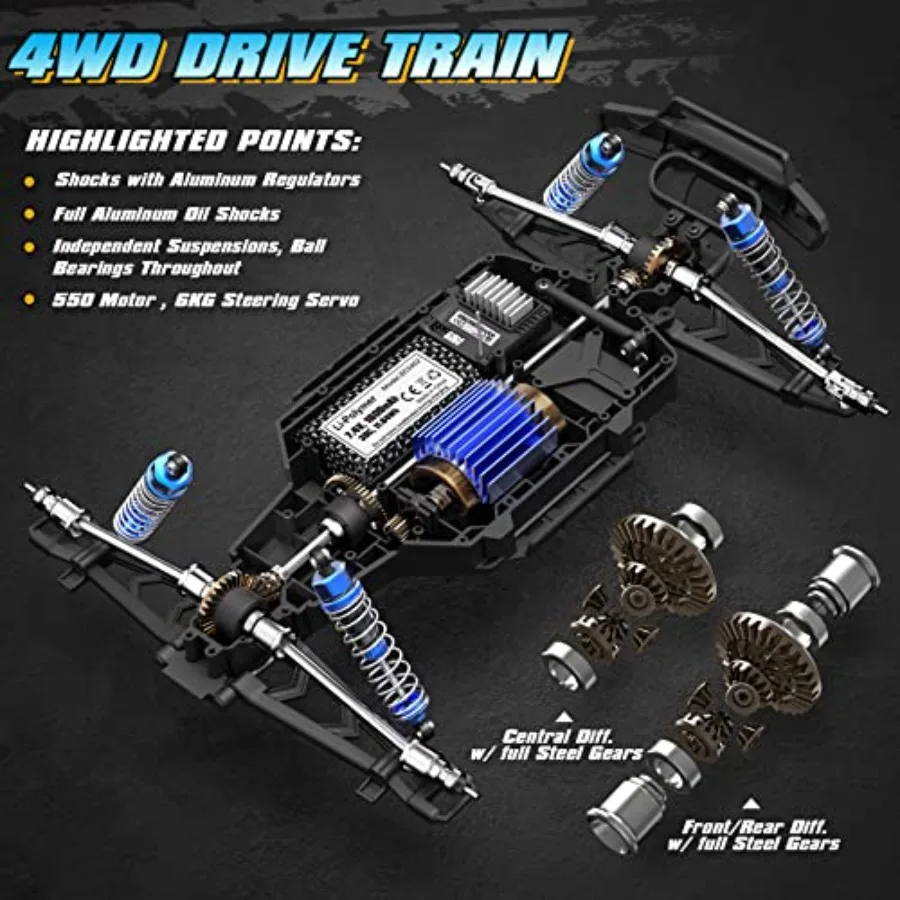 Remote Control Truck for Off-Road Use, ABS Plastic Body, Black/Red, 42KM/H High Speed with 550 Motor Upgrade and 40+ Min Play T