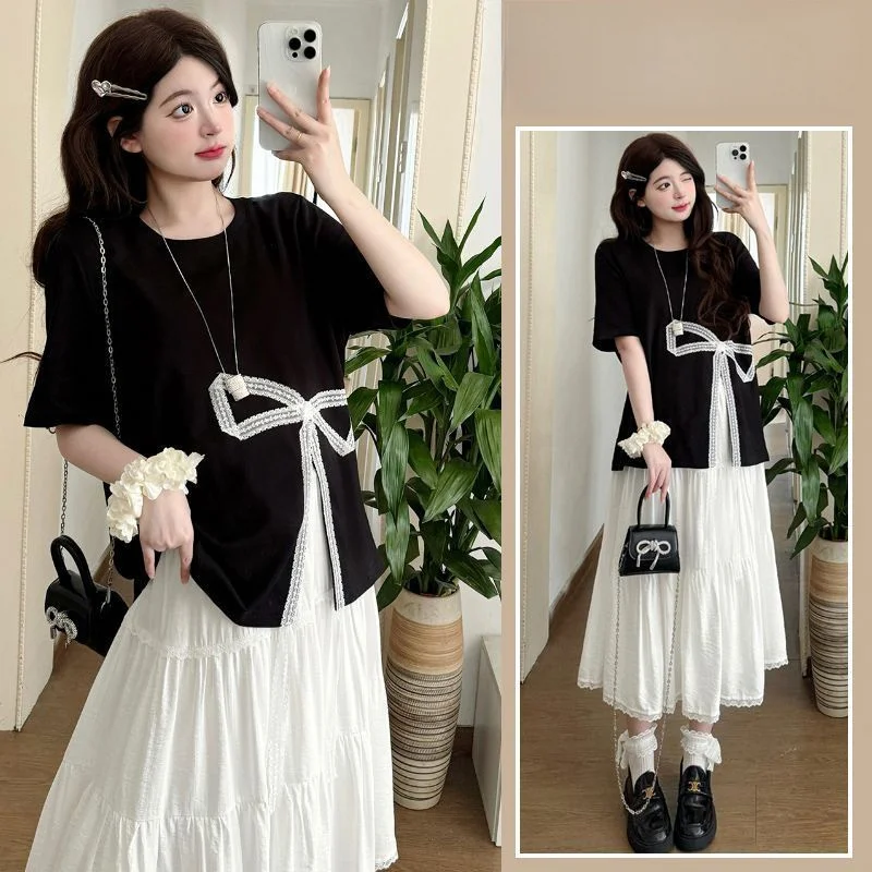 Unique Beautiful Summer Fashion Set Large Size Loose Slimming Two Piece Skirt Set Handmade Sewing Breathable Polyester