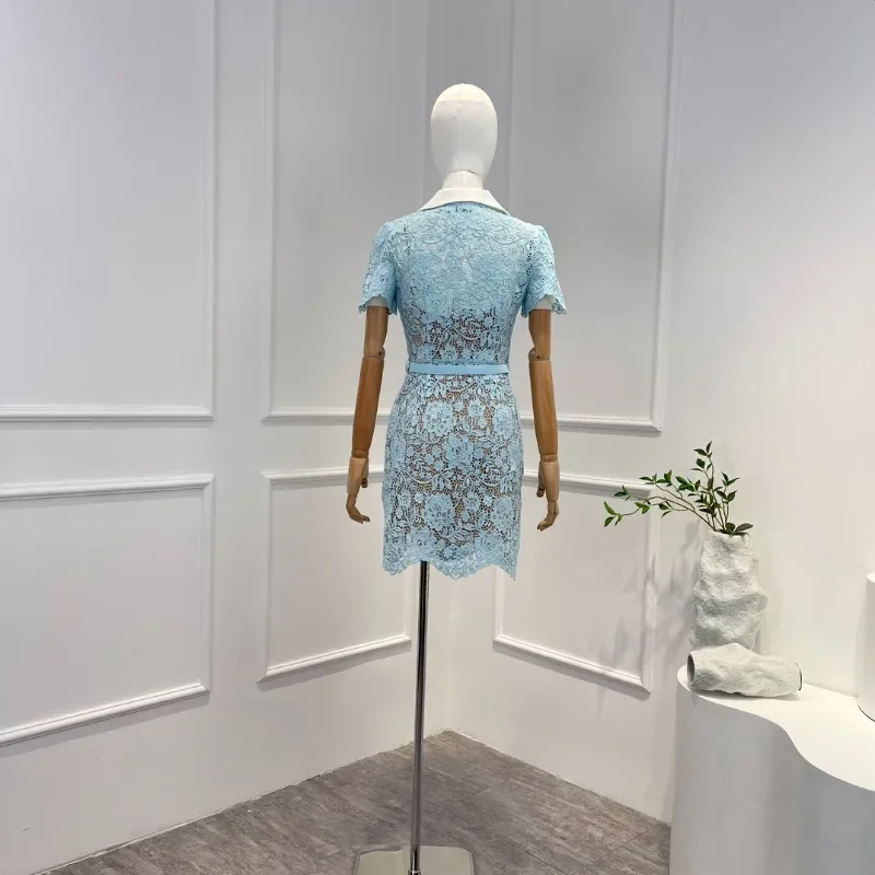 2024 Spring Summer Top Quality Women Fashion Luxury Blue Floral Lace White Notched Petal Sleeve Mini Dress