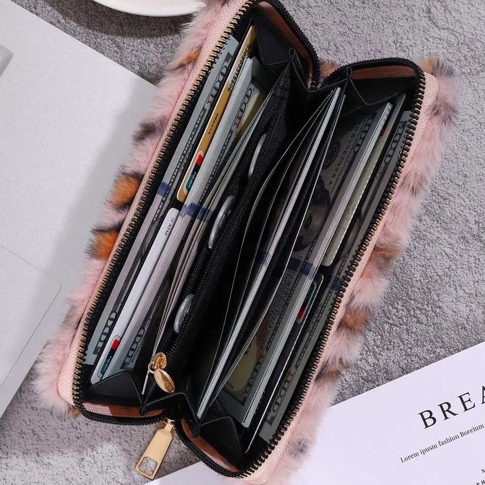 트렌드 플러시 제로 지갑 레오파드 프린트 다기능 카드 가방 휴대용 대용량 지갑