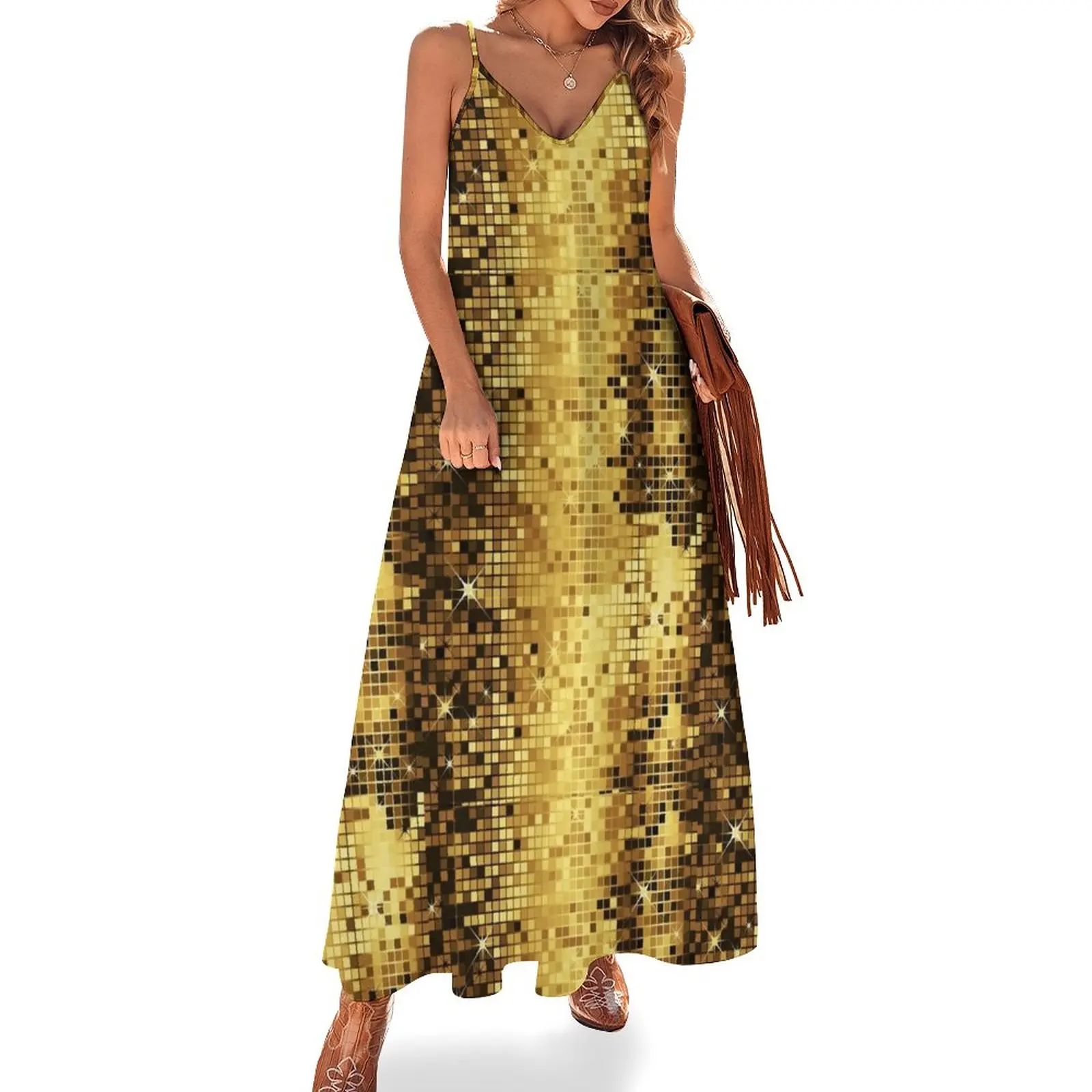 

Image of Gold Yellow Tones Retro Glitter Disco-Ball Mirrors Pattern Sleeveless Dress clothes for women wedding guest dress 2023