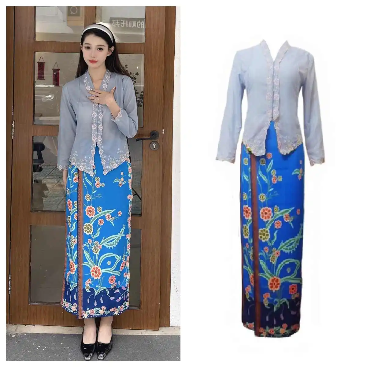 South East Asia Malacca Nyonya Clothing Blue Embroidered Lace Slimming Thailand Singapore Style Blouse + Hip Wrapping Skirt Set