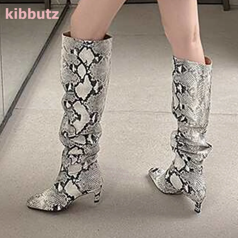 Snake Print Boots Knee High Genuine Leather Square Toe Kitten Heel Slip On Large Cylinder Fashion Sexy Concise Women Shoe Newest