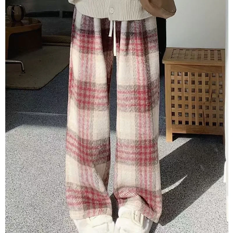 

Casual Retro Plaid Woolen Long Pant Drawstring High Waist Loose Trousers Wide-leg Pants Fashion Versatile Autumn Women's Clothes