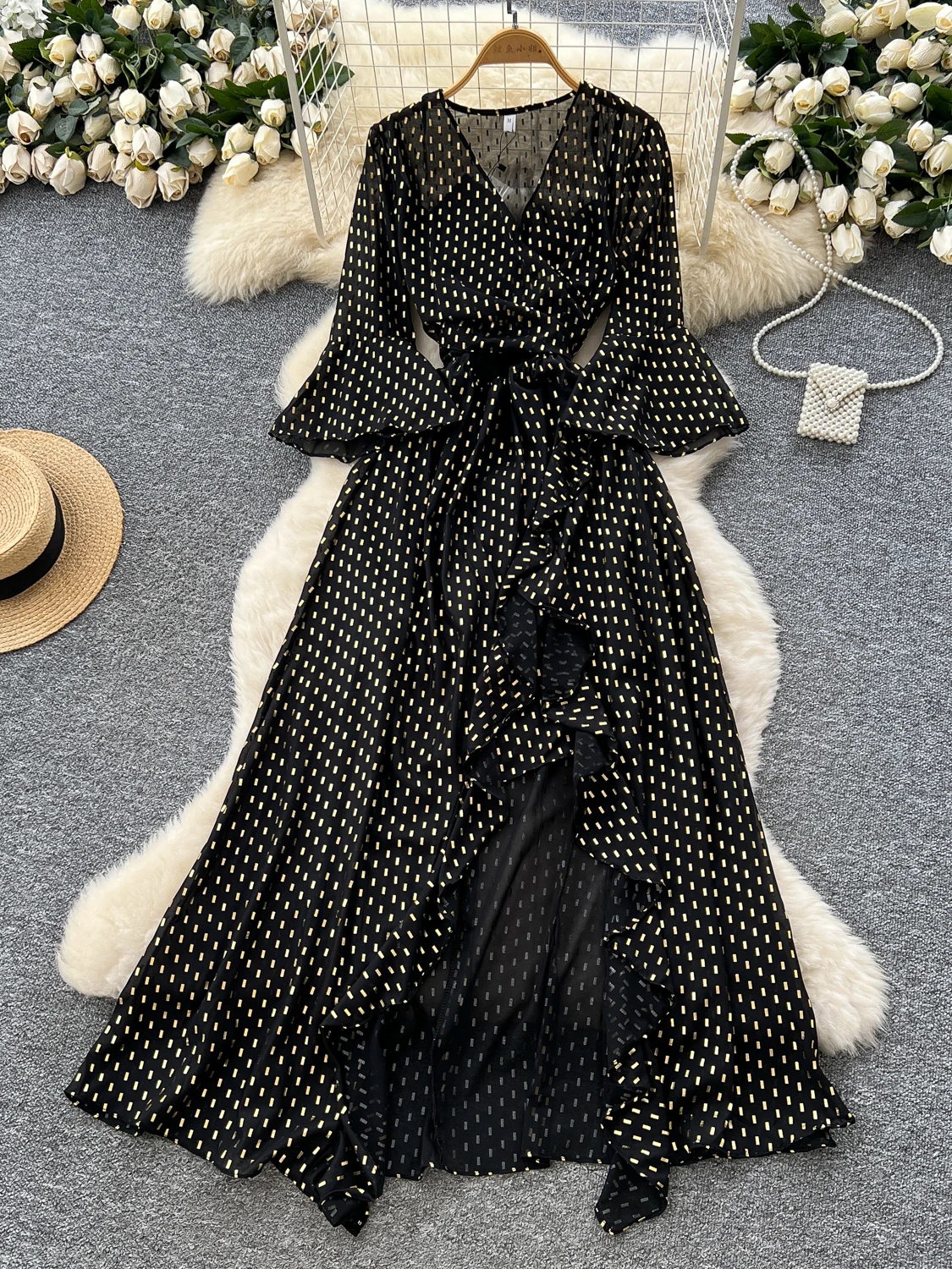 

French Style Design Cross V-neck Flared Sleeves Slim Waist Irregular Ruffle Edge Split Printed Dress for Women