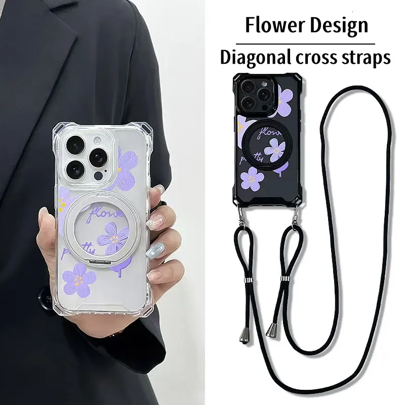 New Luxury Flower Crossbody Lanyard Strap Case For iphone 16 15 14 13 Pro Max Magsafe Magneti Shockproof Transparent Back Cover