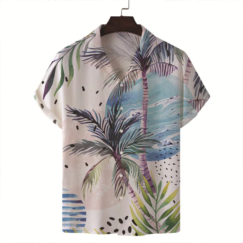 2024 Summer Cuban collar short sleeved shirt cardigan, European and American Hawaiian vacation style men's casual beach shirt