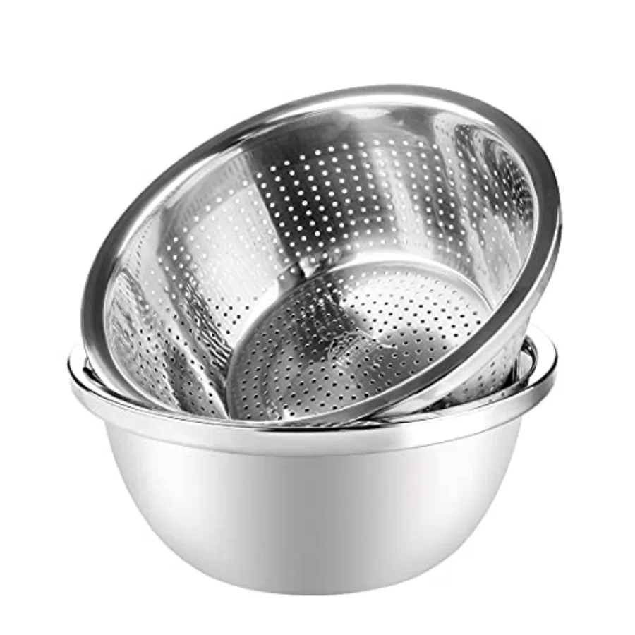 

304 Stainless Steel Colander with Bowl Set of 2, Kitchen Strainer, Washer, Drainer Basket with Basin for Vegetable, Fruits, Pas
