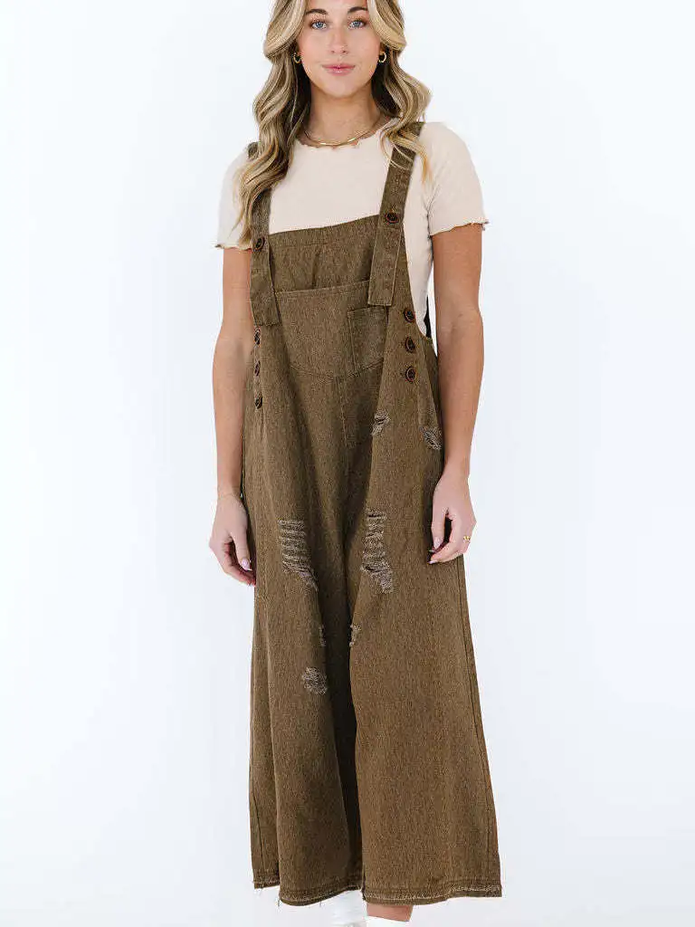 Macacão jeans de perna larga feminino vintage desbotado buraco cintura alta calças de perna reta casual faion primavera verão outono