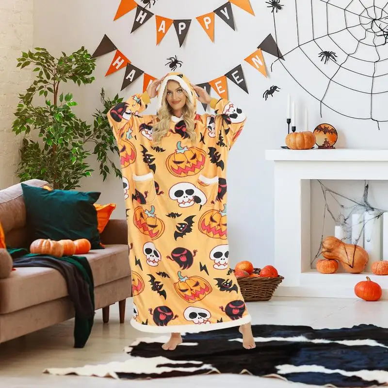 

Halloween Pumpkin Blanket Hoodie Pumpkin Soft Blanket Sweatshirt With Sleeves Warm Cozy Flannel Blanket Long Unisex Blanket