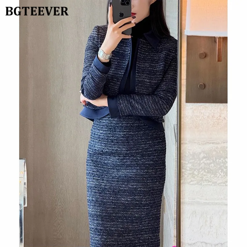 BGTEEVER Elegant Slim Women Skirt Suits Long Sleeve Blazer Coats & Package Hip Skirts Autumn Winter Slim Ladies 2 Pieces Set