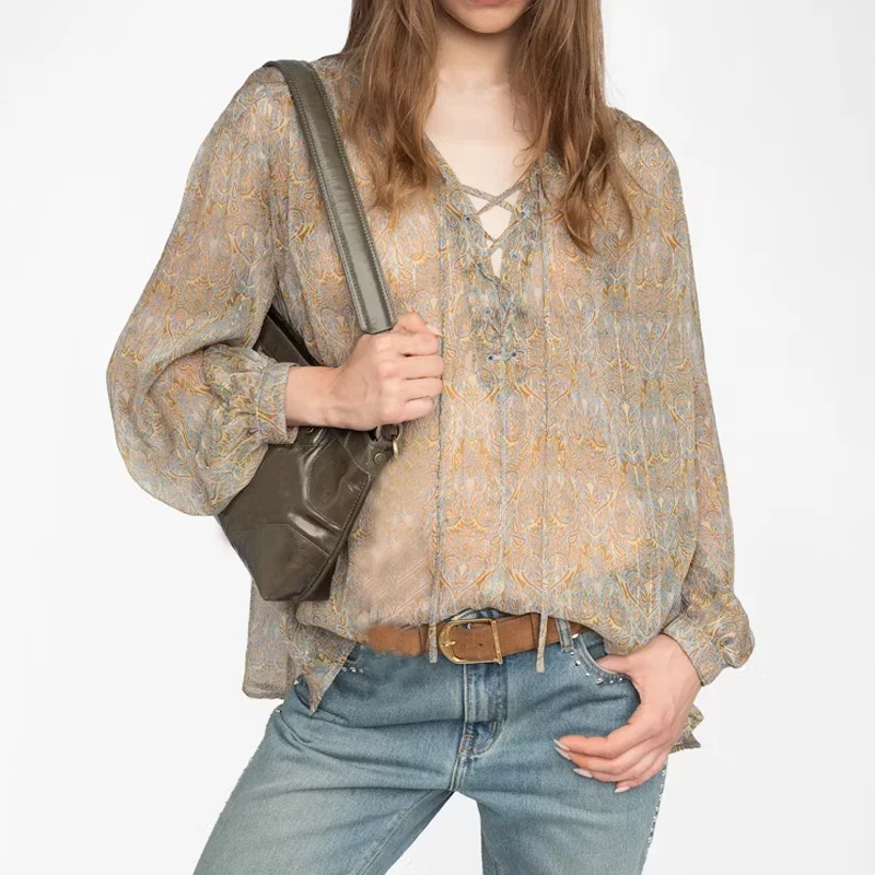 

Cross Straps Blouse Women Perris Printed Long-Sleeved Tops Loose V-Neck Shirt Zadig Female Blouse Casual Summer Thin Pullover