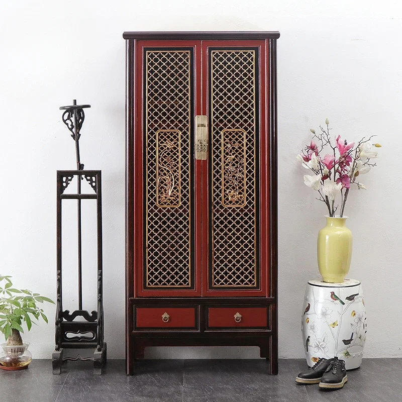 

Old elm antique bookcase solid wood hollow carved single wardrobe bedroom vertical cabinet decorative cabinet