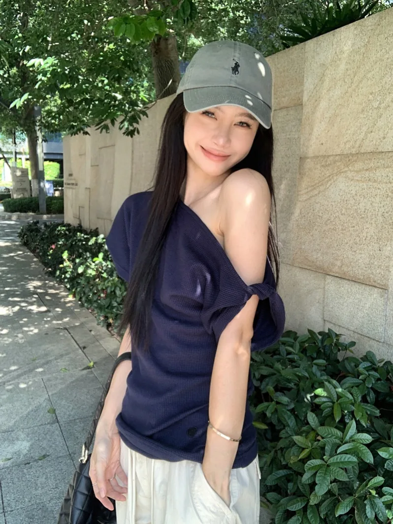 Loose Fit ey oulder Bared ort Sve Camiseta Feminina Verão Design Casual Top Solto Confortável Lazer Sle Commute F...