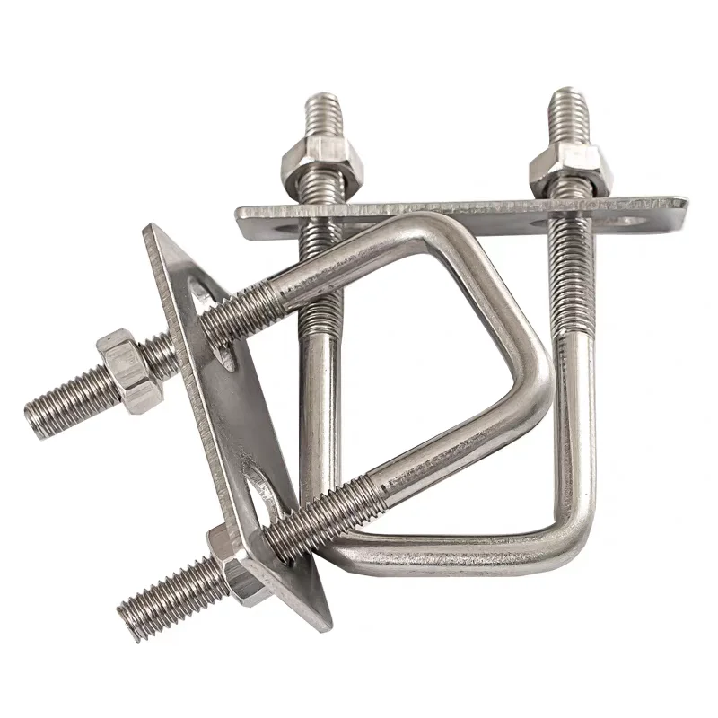 304 Stainless Steel U-Screw Square Clamp, M6-M10 Right Angle U-Bolt with Baffle, Square Pipe Mounting Fixed Clamp
