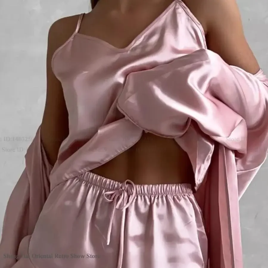 

Female 3PCS Long Robe Pajamas Set Sexy Pink Ice Silk Cami Shorts Bathrobe Pijamas Suit Spring Summer Women's Sleepwear Homewear