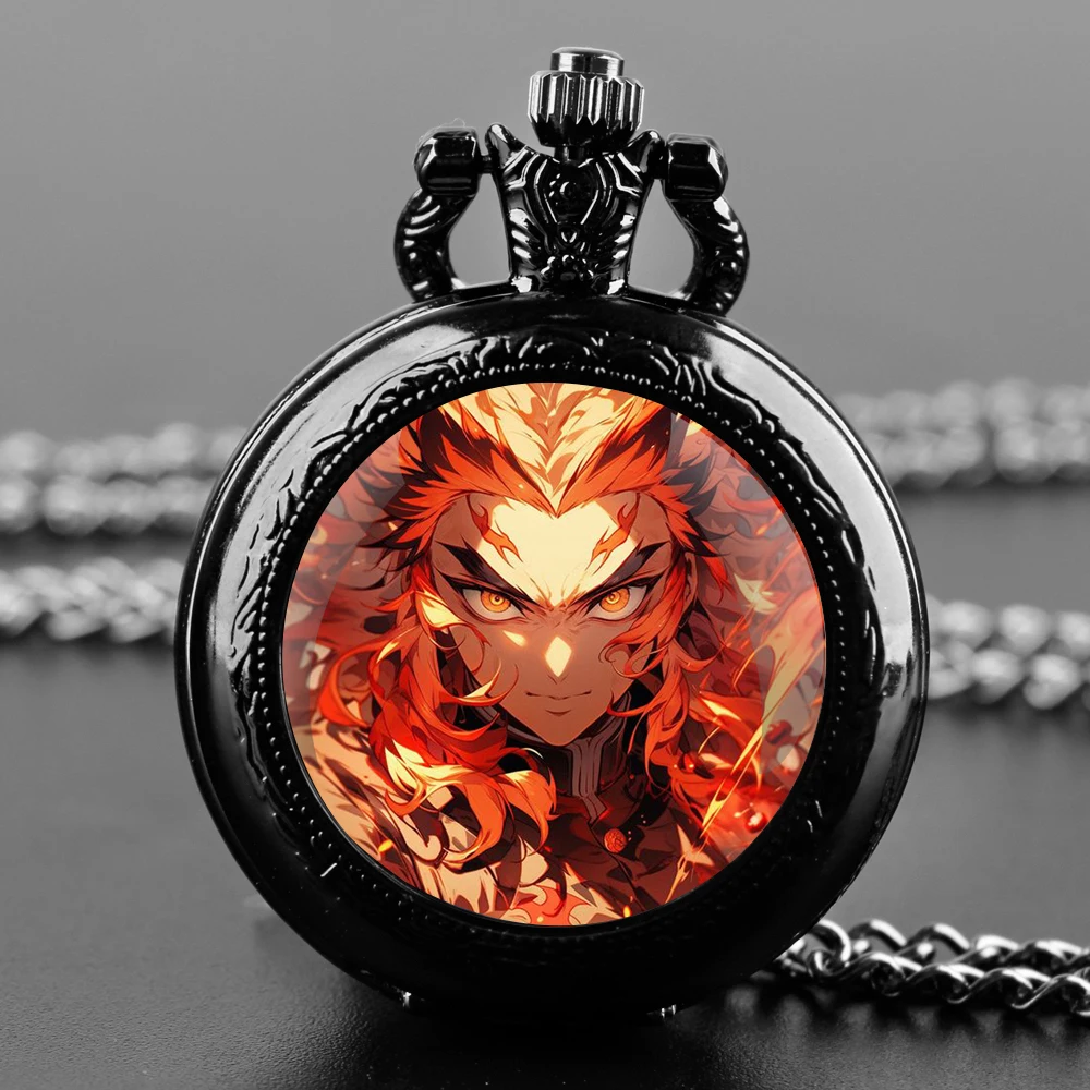 ساعة جيب كوارتز سوداء على شكل قبة زجاجية من Rengoku Kyoujurou مع قرص أرقام عربية وسلسلة متينة هدية ريترو للرجال والنساء